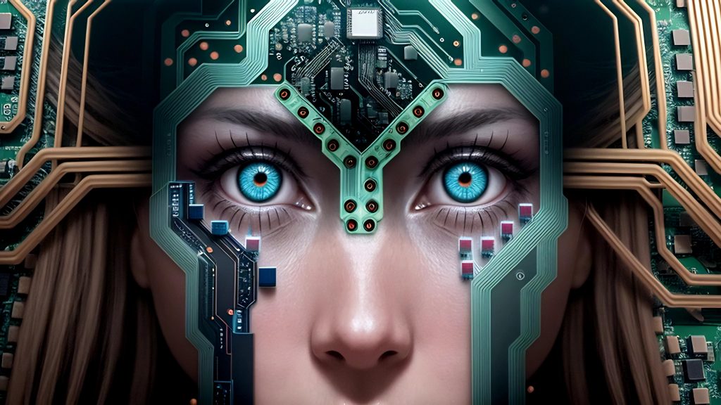 AI-generated image of a woman as part of an electronic circuit.